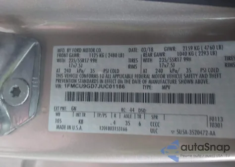 2018 Ford Escape Se z USA, uszkodzony, nr VIN 1FMCU9GD7JUC01186